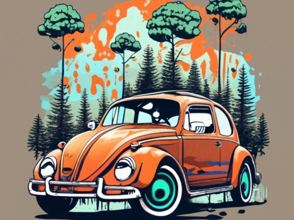 T-shirt design featuring a beautiful volkswagen, forest, a tree background. infuse elements of anime for a unique twist. png file