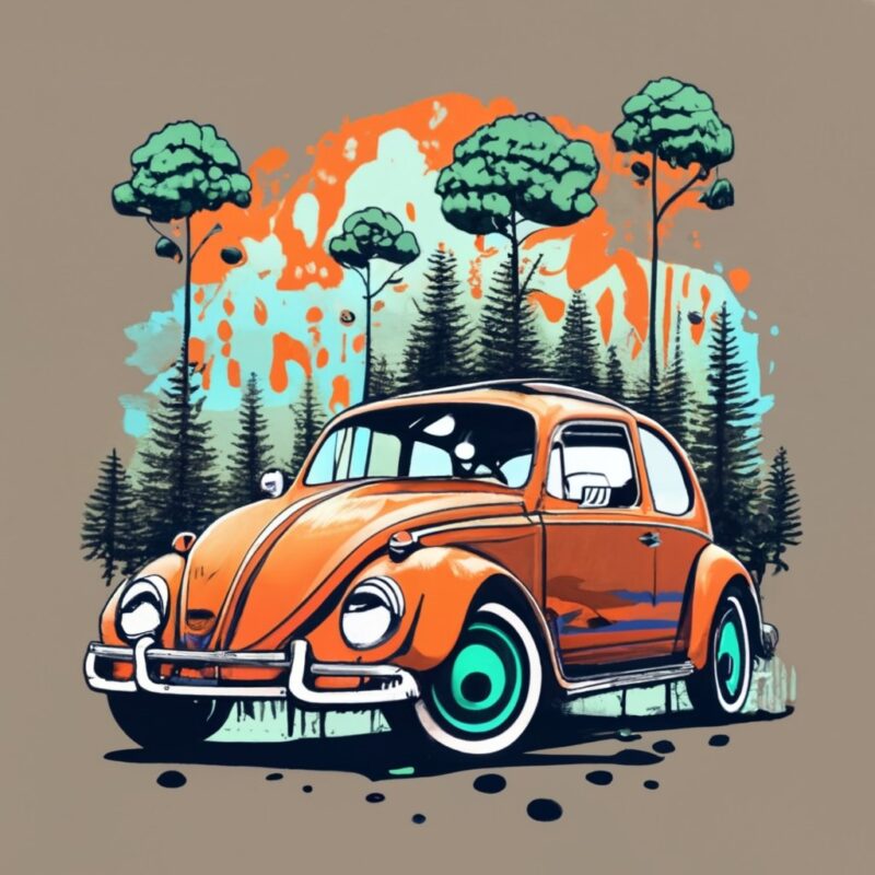 t-shirt design featuring a beautiful Volkswagen, forest, a tree background. Infuse elements of anime for a unique twist. PNG File