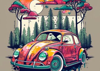 t-shirt design featuring a beautiful Volkswagen, forest, a tree background, a striking typographic element. Infuse elements of anime for a u