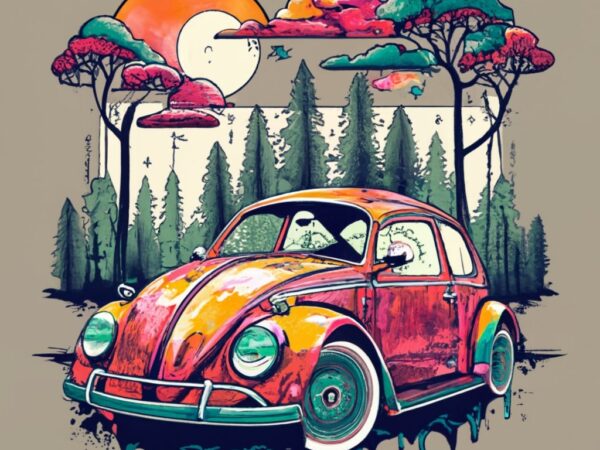 T-shirt design featuring a beautiful volkswagen, forest, a tree background, a striking typographic element. infuse elements of anime for a u