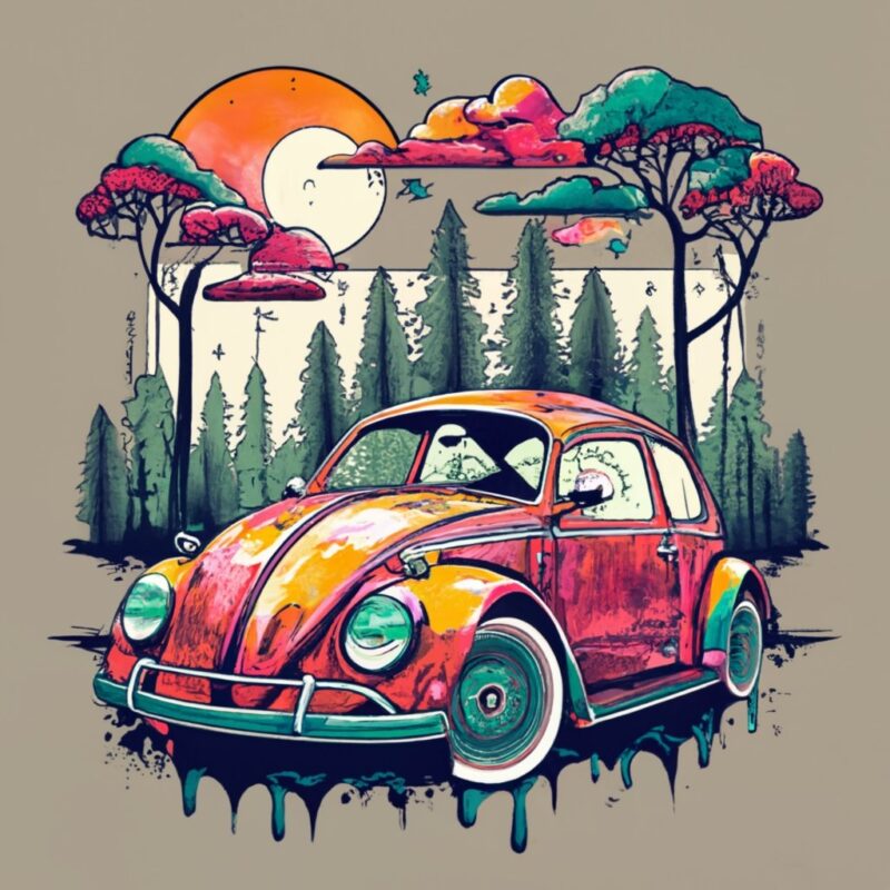 t-shirt design featuring a beautiful Volkswagen, forest, a tree background, a striking typographic element. Infuse elements of anime for a u