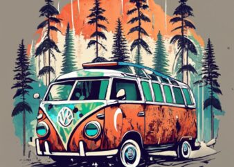 t-shirt design featuring a beautiful Volkswagen van The design should capture the essence of the forest, with a vanishing point perspective