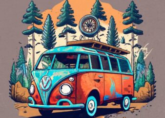 t-shirt design featuring a beautiful Volkswagen van The design should capture the essence of the forest, with a vanishing point perspective