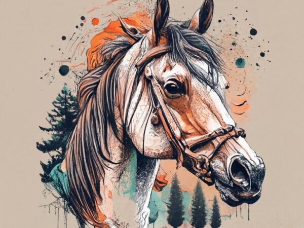 T-shirt design featuring a beautiful arabic men with horse, forest, a tree background. infuse elements of anime for a unique twist. png file