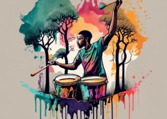 t-shirt design featuring a beautiful concept an african drummer forest, a tree background. Infuse elements of anime for a unique twist. PNG