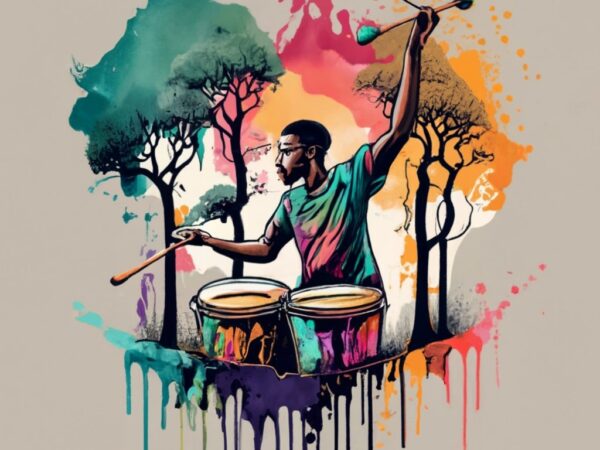 T-shirt design featuring a beautiful concept an african drummer forest, a tree background. infuse elements of anime for a unique twist. png