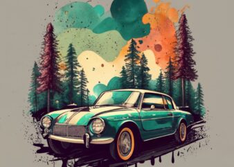 t-shirt design featuring a beautiful concept car The design should capture the essence of the forest, with a vanishing point perspective and