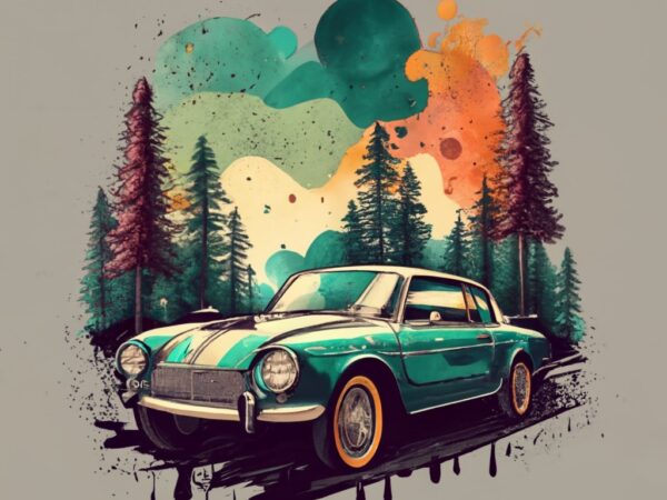 T-shirt design featuring a beautiful concept car the design should capture the essence of the forest, with a vanishing point perspective and