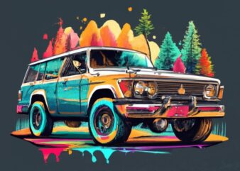 t-shirt design featuring a beautiful toyota, forest, tree background, vibrant watercolor splashes PNG File