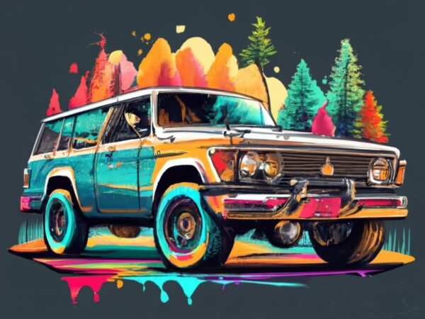T-shirt design featuring a beautiful toyota, forest, tree background, vibrant watercolor splashes png file