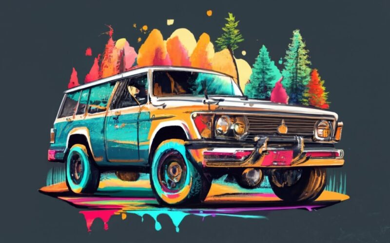 t-shirt design featuring a beautiful toyota, forest, tree background, vibrant watercolor splashes PNG File