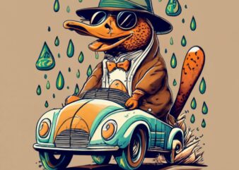 t-shirt design featuring a platypus wearing a fedora while driving a ferrari, a rainy forest, vibrant watercolor splashes and dripping effec