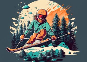 t-shirt design featuring a skier , forest, a tree background. Infuse elements of anime for a unique twist. PNG File