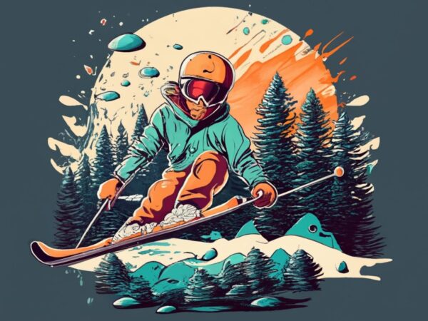 T-shirt design featuring a skier , forest, a tree background. infuse elements of anime for a unique twist. png file