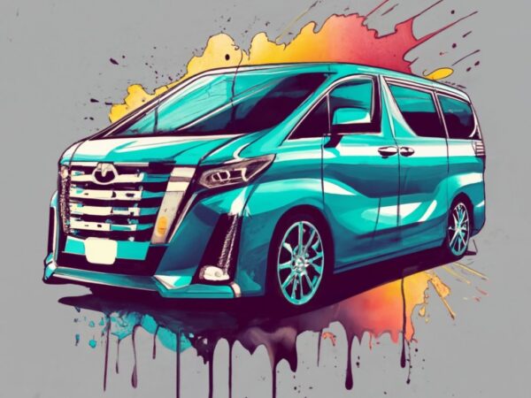 T-shirt design featuring a sporty toyota alphard in a minimalist ink drawing style. the design should capture the essence of the urban, with