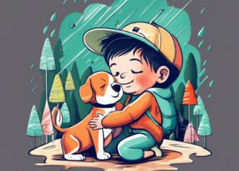t-shirt design featuring a young male child hugging his tan colored puppy in a minimalist ink drawing style. The design should capture the e