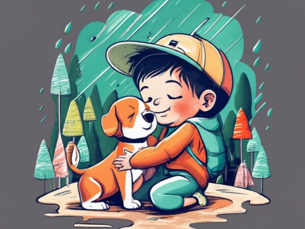 T-shirt design featuring a young male child hugging his tan colored puppy in a minimalist ink drawing style. the design should capture the e