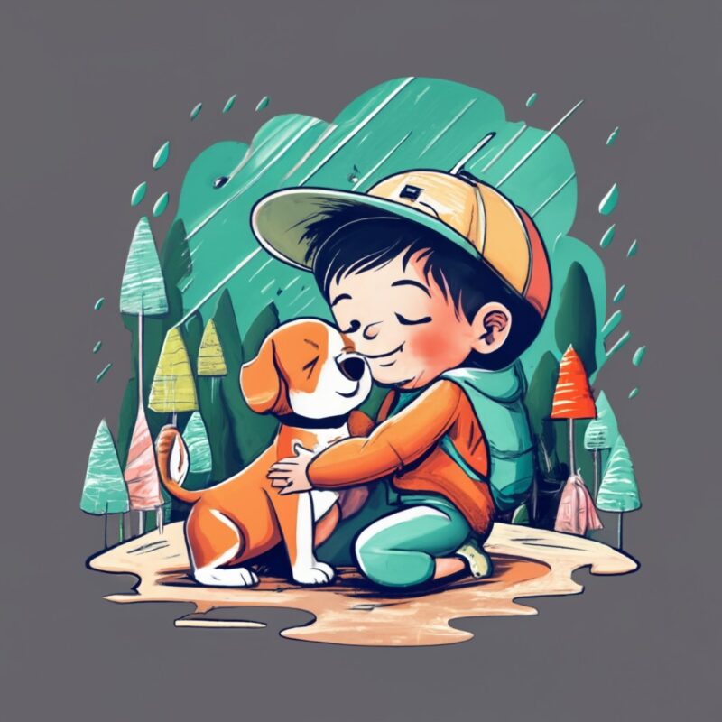 t-shirt design featuring a young male child hugging his tan colored puppy in a minimalist ink drawing style. The design should capture the e