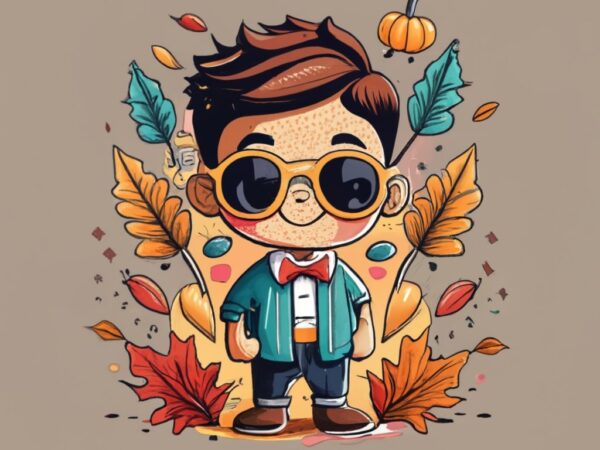 T-shirt design featuring a young, smiling, dapper latino kawaii boy child wearing fall season png file