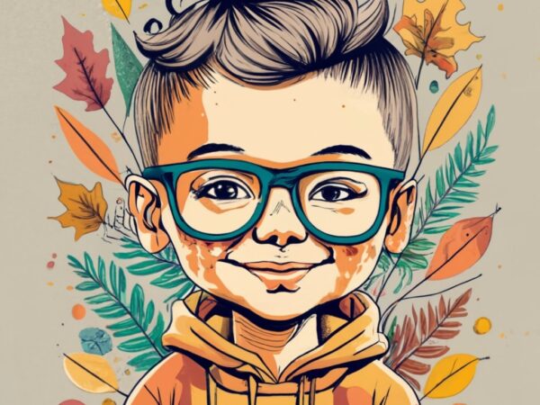 T-shirt design featuring a young, smiling latino boy child wearing fall season colors in a minimalist ink drawing style. the design should c
