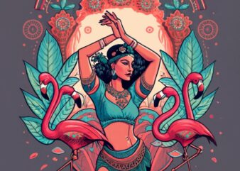 a world of enchantment with our captivating flamingo gypsy belly dancer t-shirt design. Watch her dance with hands and arms gracefully above