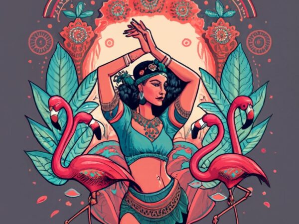 A world of enchantment with our captivating flamingo gypsy belly dancer t-shirt design. watch her dance with hands and arms gracefully above