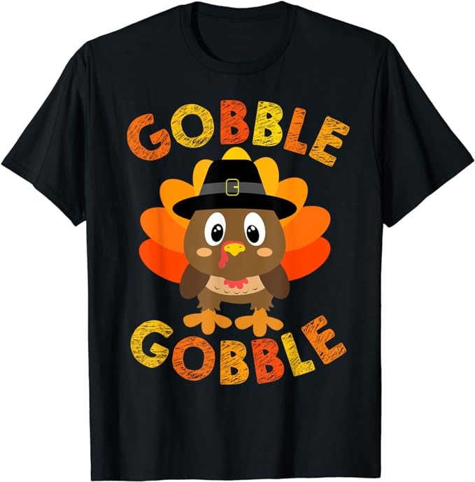 Cute Gobble Gobble Turkey Pilgrim Little Boys Thanksgiving T-Shirt