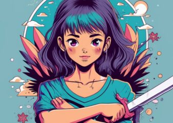 Cute Trendy Cartoon manga anime white window character a gorgeous dark skin powerful with a magic sword anime girl Japanese words tshirt des
