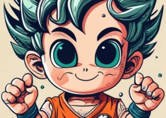 DESIGN FOR T-SHIRT with image of a 3D animated Pixar-type child, very realistic and detailed Dragon Ball child doing the kame kame jaaa PNG