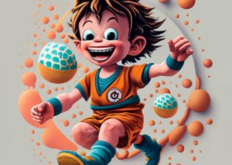 DESIGN FOR T-SHIRT with image of a 3D animated Pixar-type child, very realistic and detailed child dressed as a dragon ball doing the Ricard