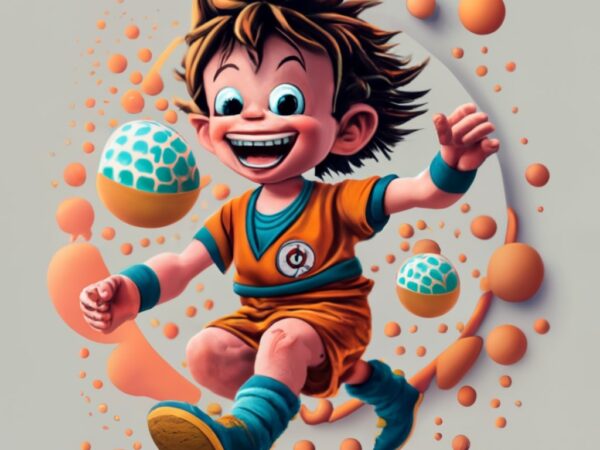 Design for t-shirt with image of a 3d animated pixar-type child, very realistic and detailed child dressed as a dragon ball doing the ricard