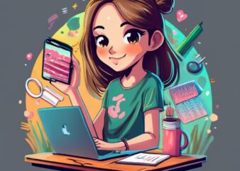 Oyee with an adult medium brown hair girl holding a pink Macbook, iPhone, with pens, notepads, and printing mug and pink tshirt, fashion wor