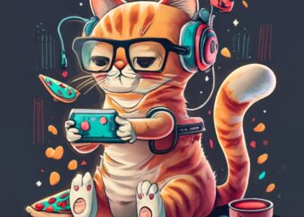 Design a t-shirt that showcases a cute cat engrossed in gaming while enjoying a delicious slice of pizza. It should capture the essence of a
