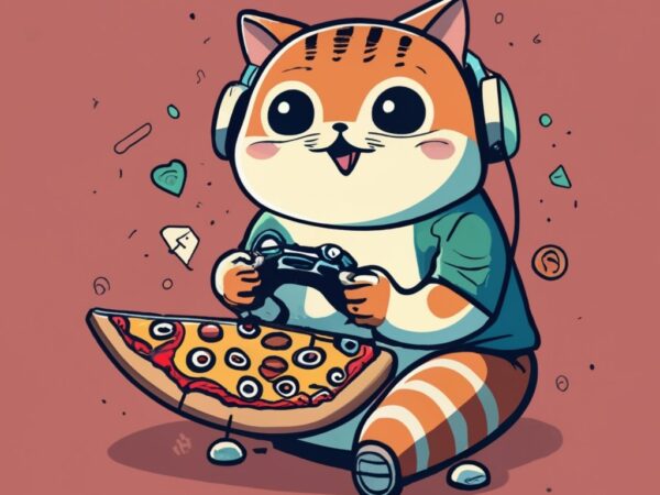 Design a t-shirt that showcases a cute cat playing video games while enjoying a delicious slice of pizza. it should capture the essence of a