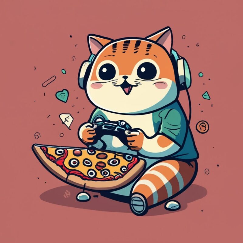 Design a t-shirt that showcases a cute cat playing video games while enjoying a delicious slice of pizza. It should capture the essence of a