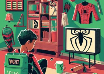 Design an image of a spider man boy watching new Netflix Release spider 🕸️ design on the back and below it. The boy should be sitting in fr t shirt vector illustration
