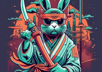 evil ninja rabbit leading an invasion, t-shirt design.Palette: Midnight Black, Ninja Green, Fiery Red., PNG File