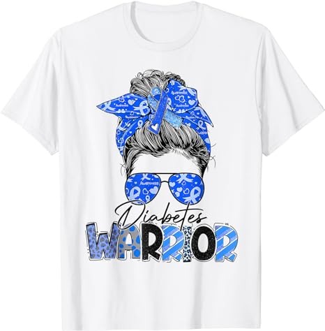 Diabetes Warrior Blue Ribbon Messy Bun Diabetes Awareness T-Shirt PNG File