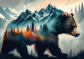 Double exposure of a bear and a mountain, natural scenery, watercolor, elegant t-shirt design PNG File