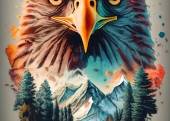 EMMANUEL Tshirt design – Double exposure of an eagle and a mountain, natural scenery, watercolor art PNG File