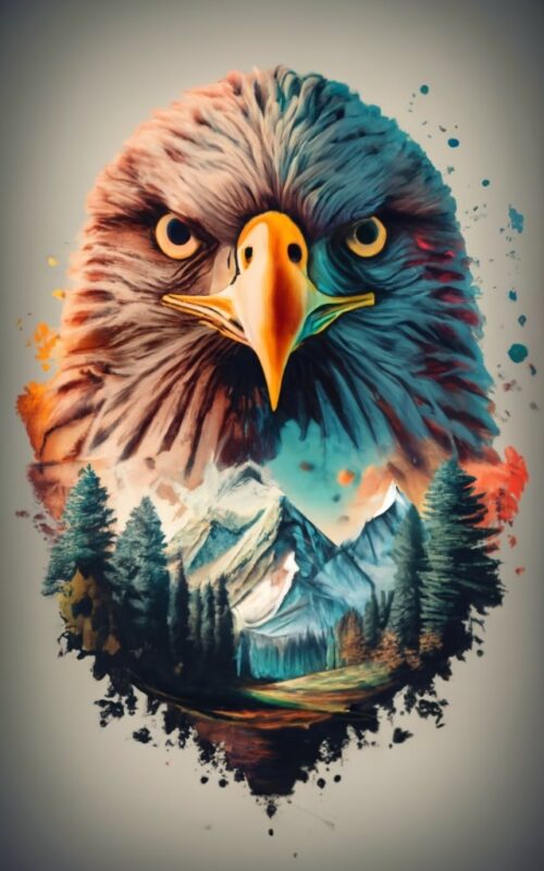 EMMANUEL Tshirt design – Double exposure of an eagle and a mountain, natural scenery, watercolor art PNG File