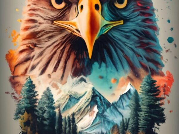 Emmanuel tshirt design – double exposure of an eagle and a mountain, natural scenery, watercolor art png file