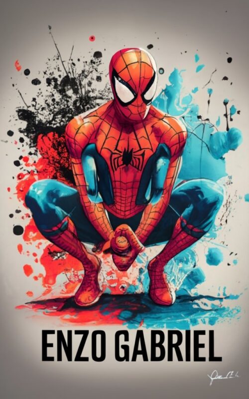 ENZO GABRIEL t-shirt design, Spiderman. watercolor splash, with name “ENZO GABRIEL” PNG File