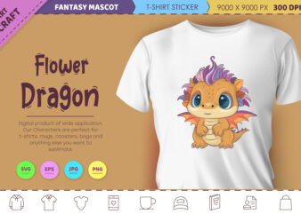 Flower cartoon dragon. Fantasy clipart. t shirt graphic design