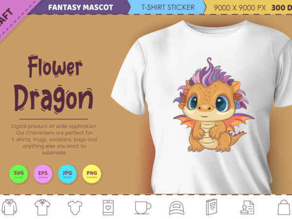 Flower cartoon dragon. fantasy clipart. t shirt graphic design