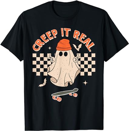 Funny creep it real cute ghost skateboard halloween costume t-shirt