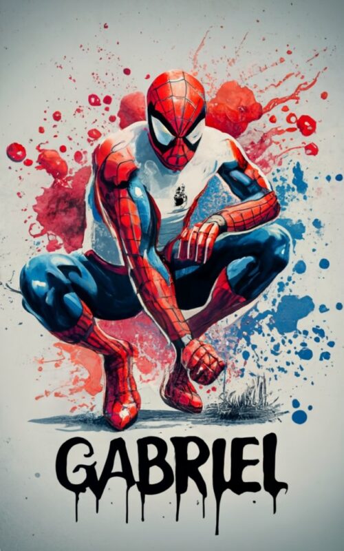 Gabriel t-shirt design, Spiderman. watercolor splash, with name “Gabriel” PNG File