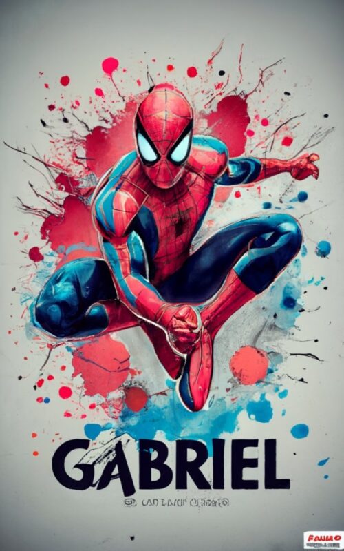 Gabriel t-shirt design, Spiderman. watercolor splash, with name “José Alfonso” PNG File