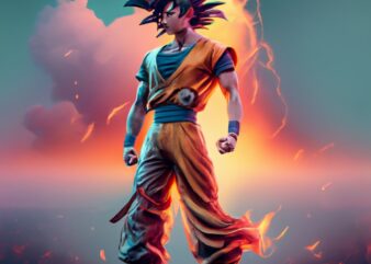 Goku standing top 3D the text “ISAI” high definition, characterized in Ironman style, white background, depth colorful smoke thunder lightni