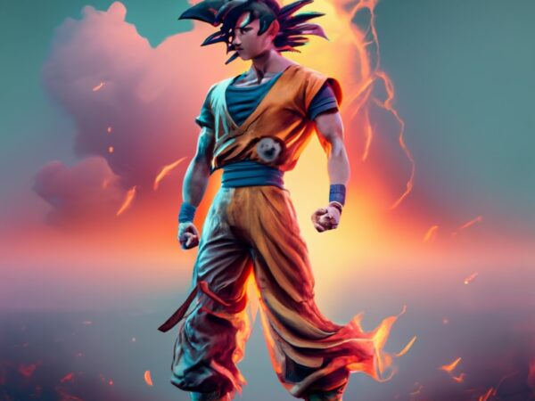 Goku standing top 3d the text “isai” high definition, characterized in ironman style, white background, depth colorful smoke thunder lightni t shirt design template